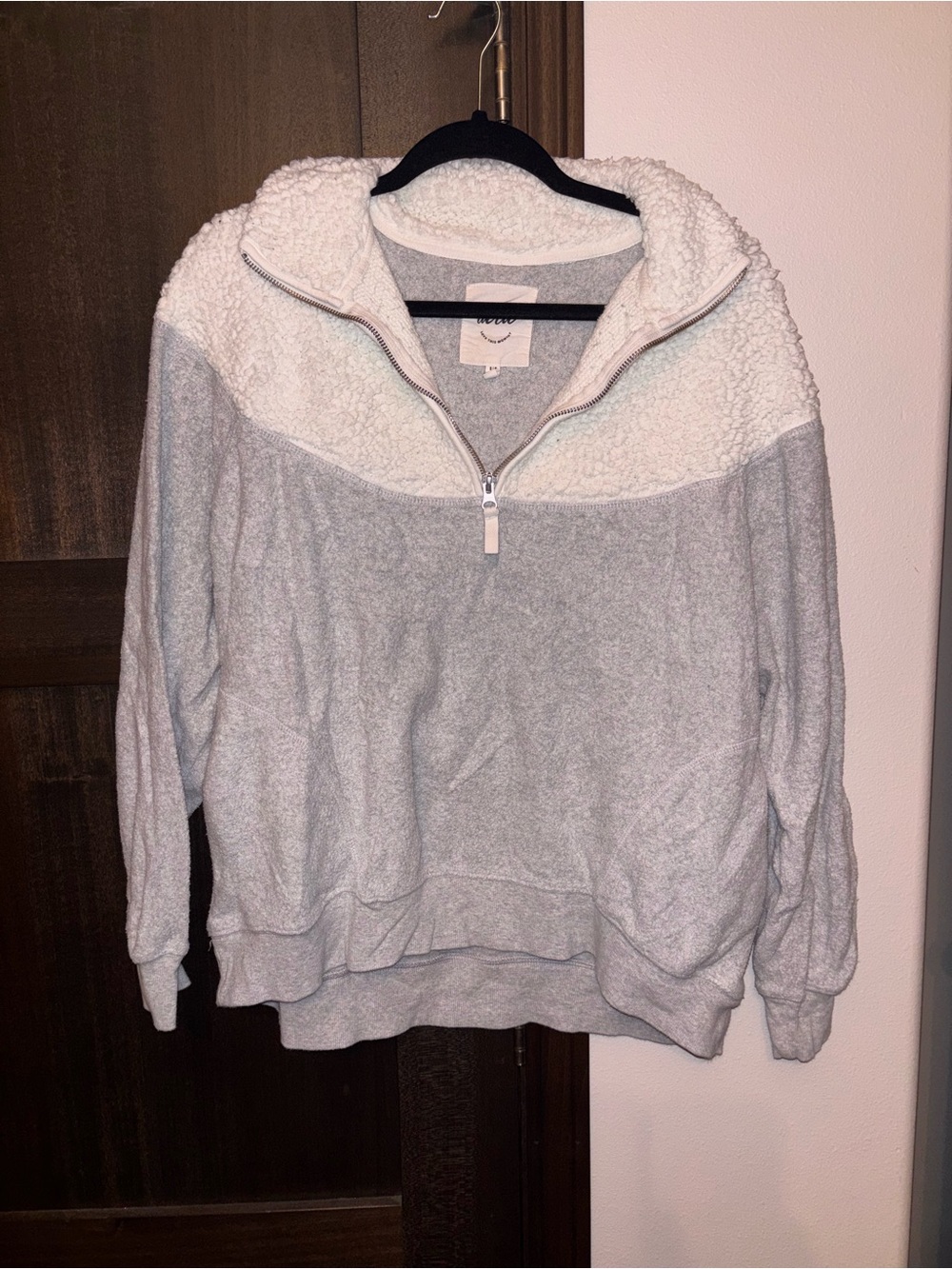 aerie Two-Tone Half-Zip Sherpa Pullover - Light Gray & Ivory